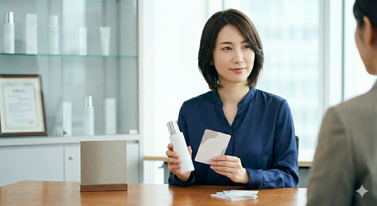 美容医療後のカウンセリングでスキンケアのアドバイスを行う、清潔感のある白衣姿の日本人女性専門家