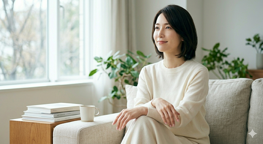 明るい光が差し込むリビングで、スキンケア後の自分の肌に自信を持ち、穏やかな表情で窓の外を眺める日本人女性。ナチュラルで自立した美しさを感じさせるライフスタイル。