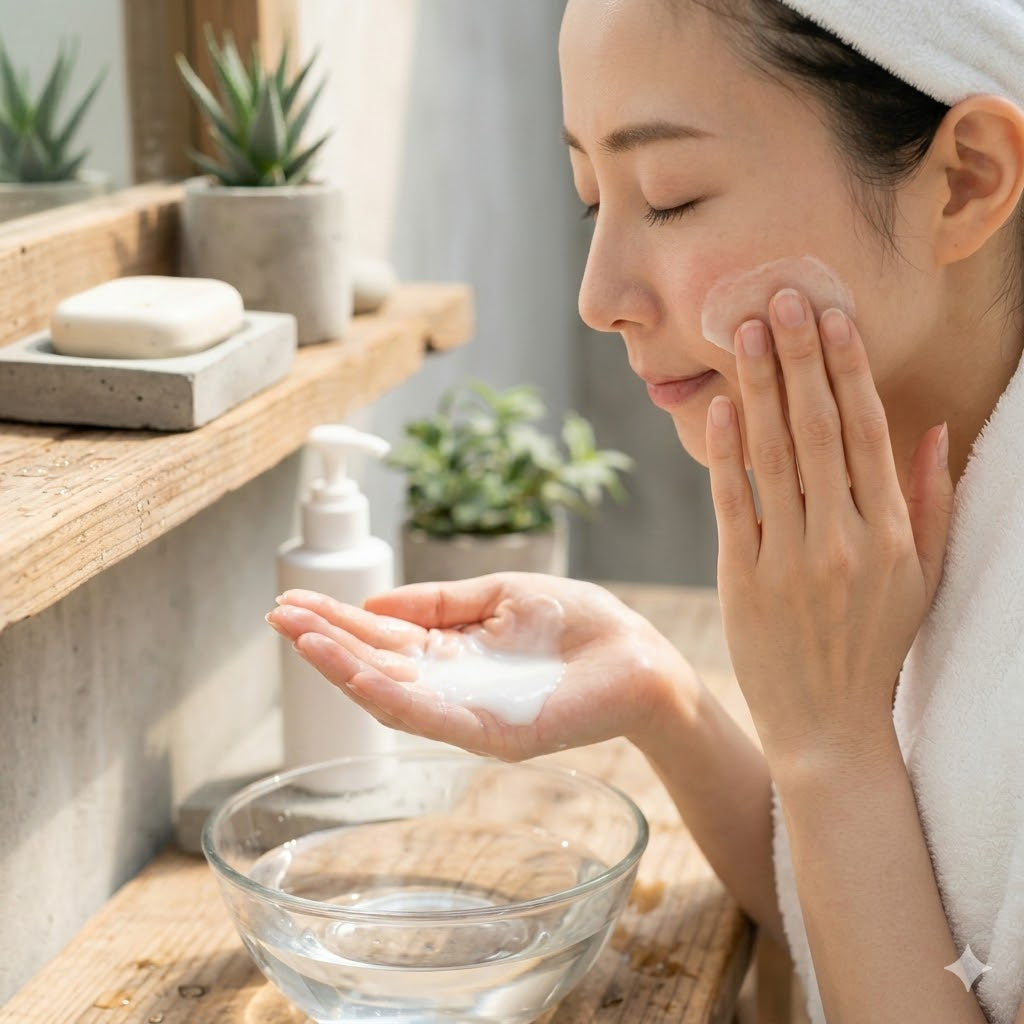 ミルククレンジングの正しい乳化の手順。白く濁るまでなじませる様子